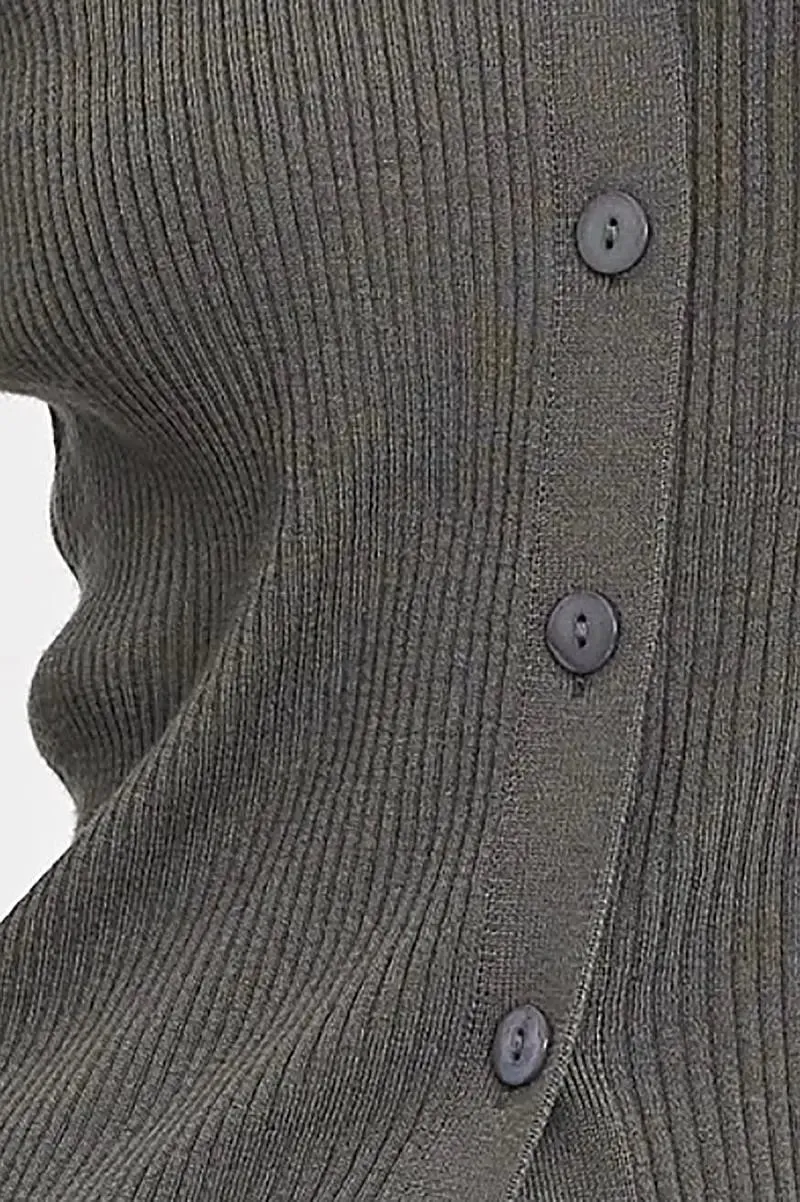 Washable Wool Blend Rib Knit Elbow Sleeve Polo Cardigan