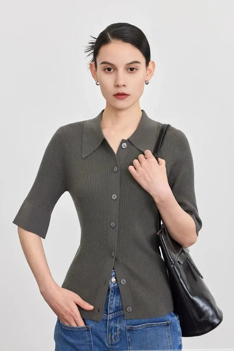 Washable Wool Blend Rib Knit Elbow Sleeve Polo Cardigan