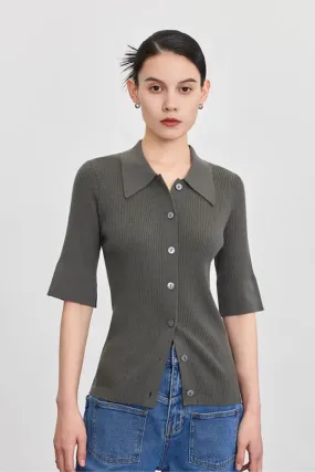 Washable Wool Blend Rib Knit Elbow Sleeve Polo Cardigan