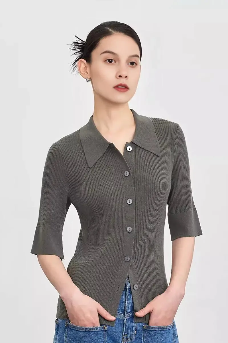 Washable Wool Blend Rib Knit Elbow Sleeve Polo Cardigan