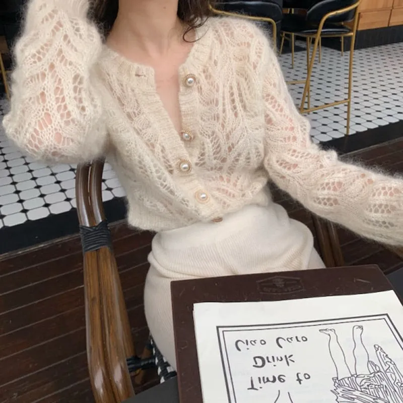Wenkouban Vintage Elegant Female Cardigan Autumn Winter Long Sleeve Women Knitted Cardigan Sweater Fashion Hollow Out Sweaters Tops