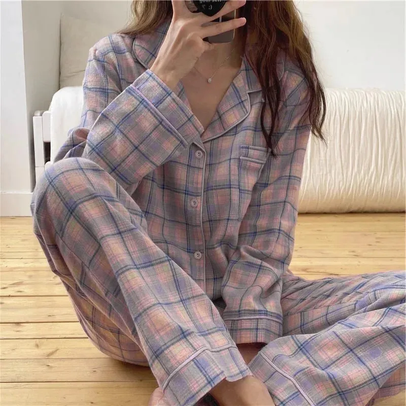 Wjczt Minimalist and Casual Girls Pajamas Spring Autumn Thin Lapel Cardigan Home Clothing Purple Plaid Leisure Sleepwear for Students