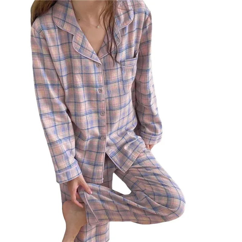 Wjczt Minimalist and Casual Girls Pajamas Spring Autumn Thin Lapel Cardigan Home Clothing Purple Plaid Leisure Sleepwear for Students