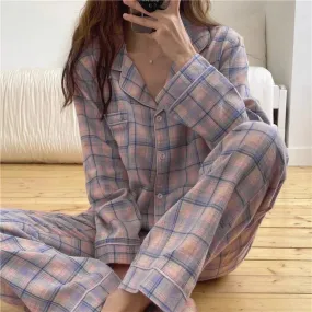 Wjczt Minimalist and Casual Girls Pajamas Spring Autumn Thin Lapel Cardigan Home Clothing Purple Plaid Leisure Sleepwear for Students