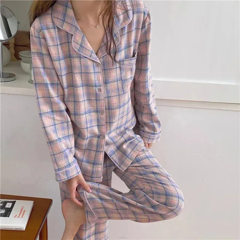 Wjczt Minimalist and Casual Girls Pajamas Spring Autumn Thin Lapel Cardigan Home Clothing Purple Plaid Leisure Sleepwear for Students