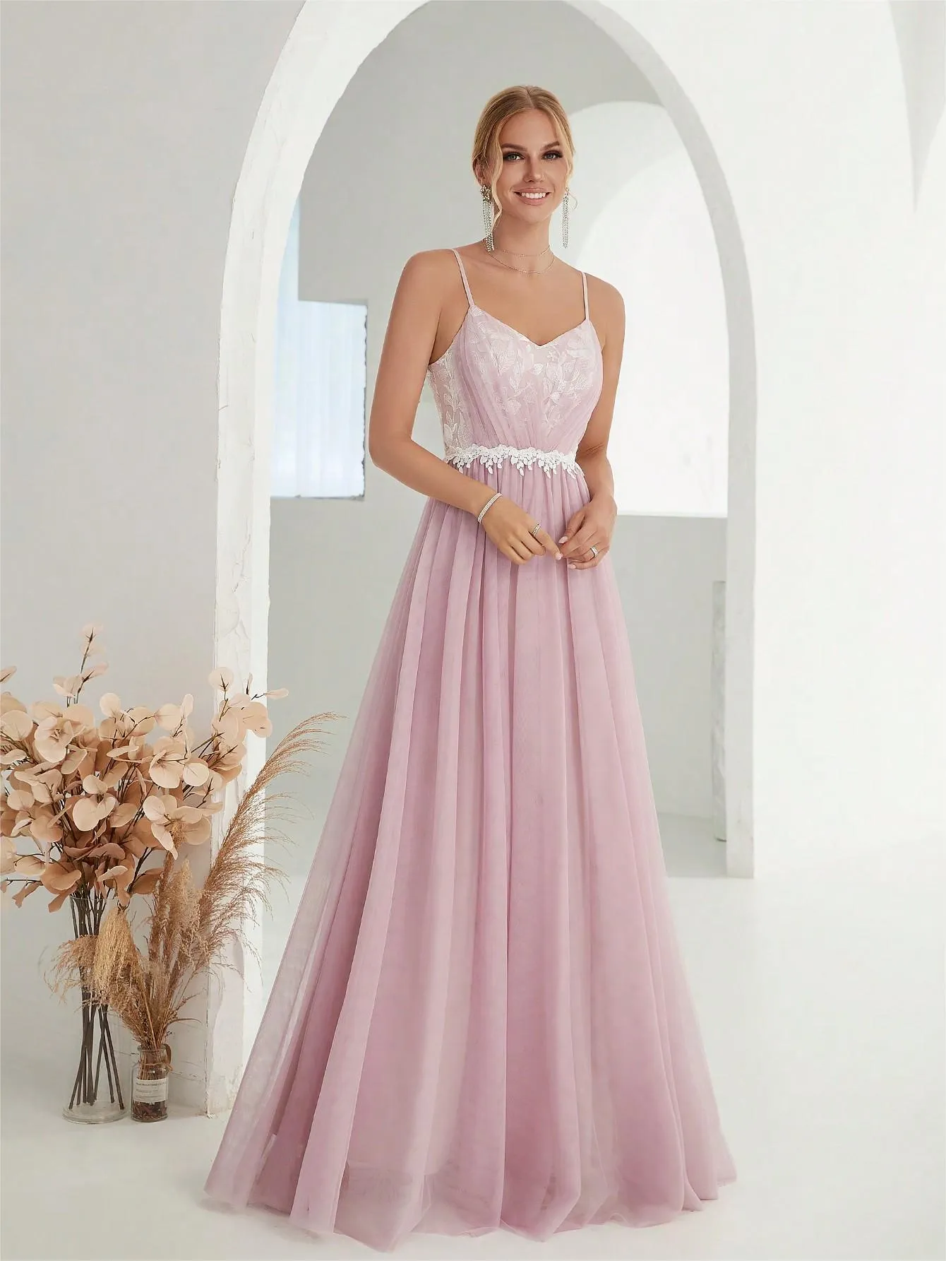 Women Embroidery Mesh Cross Fold Lace Evening Dress