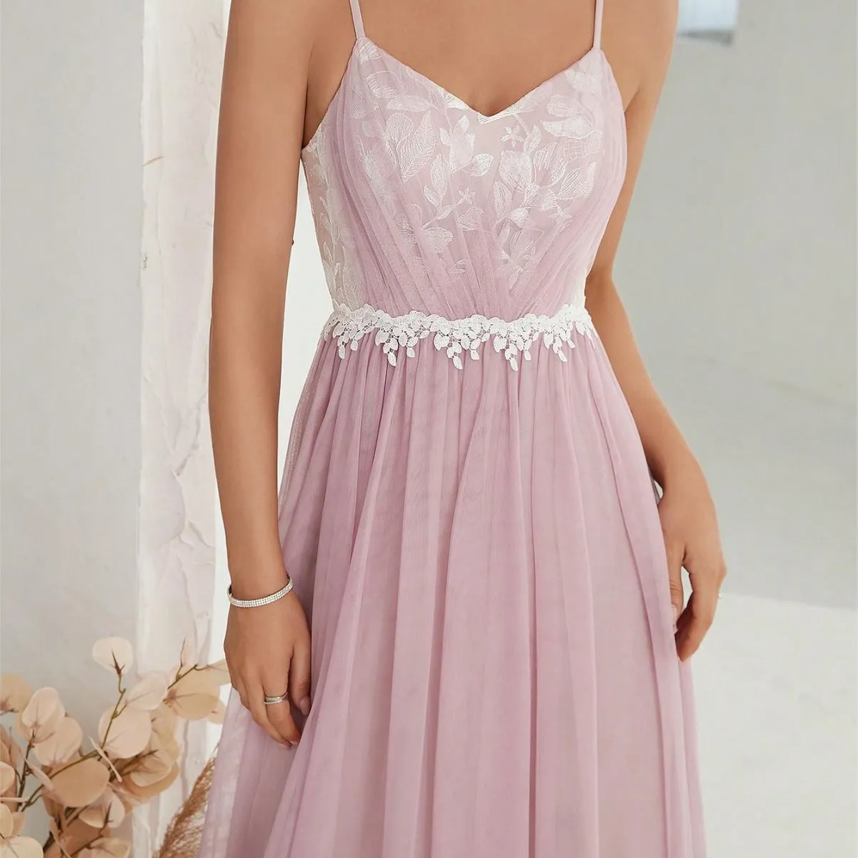 Women Embroidery Mesh Cross Fold Lace Evening Dress
