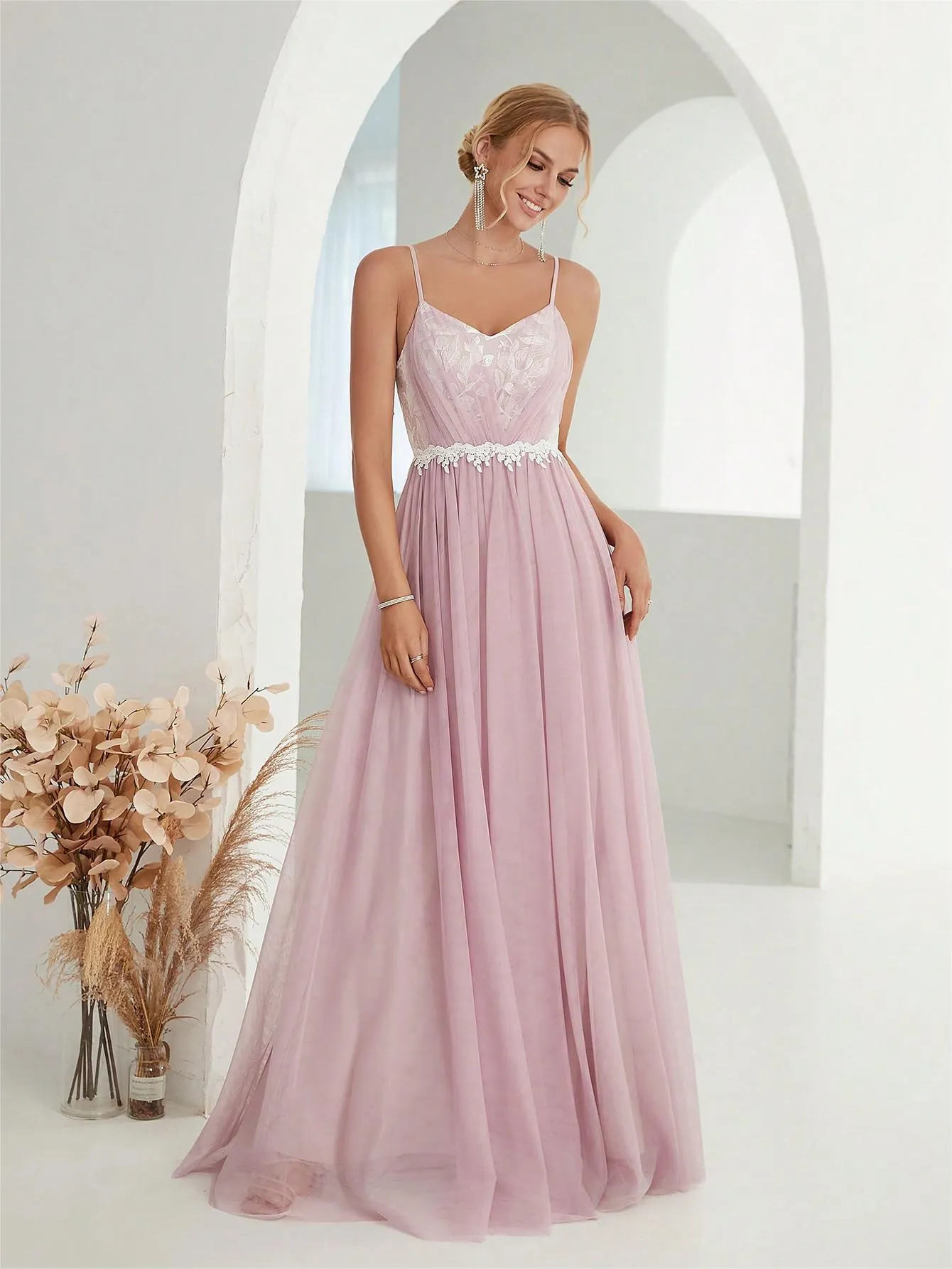 Women Embroidery Mesh Cross Fold Lace Evening Dress