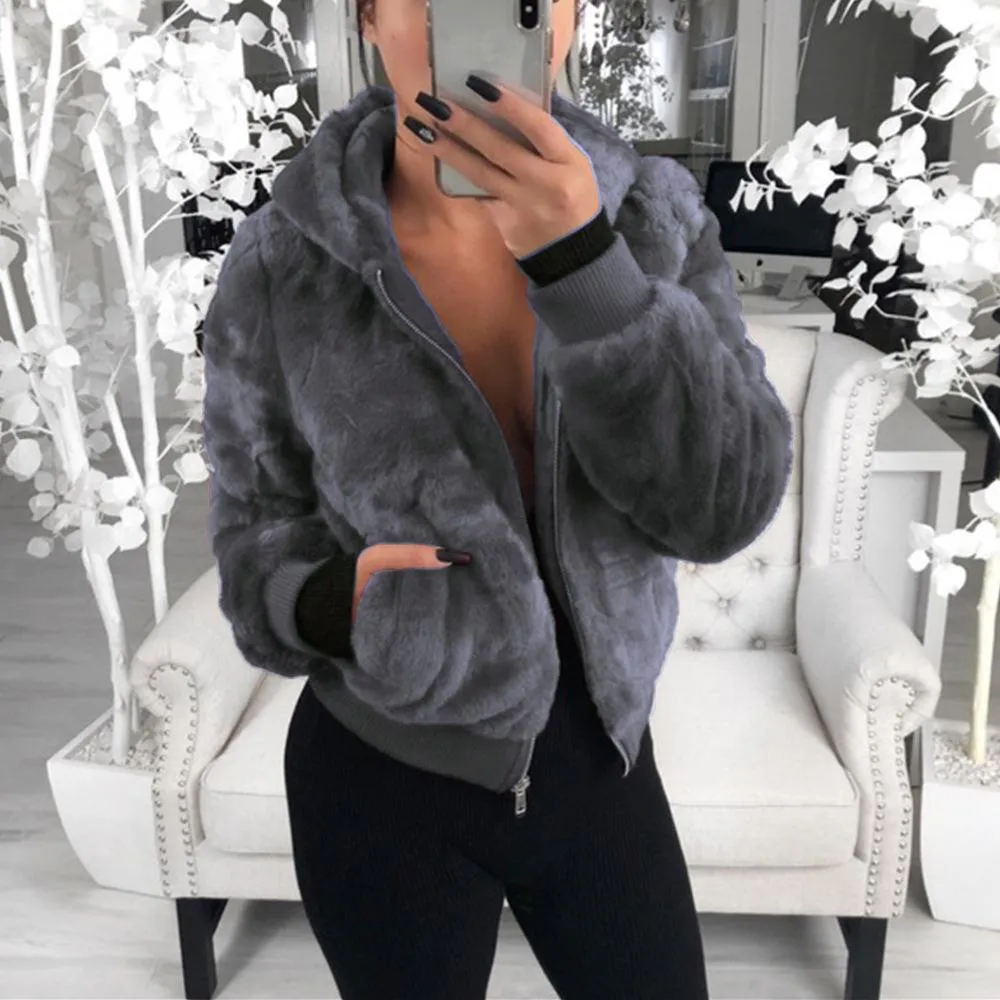 Women Hoodie Solid Faux Fur Coat With Pockets