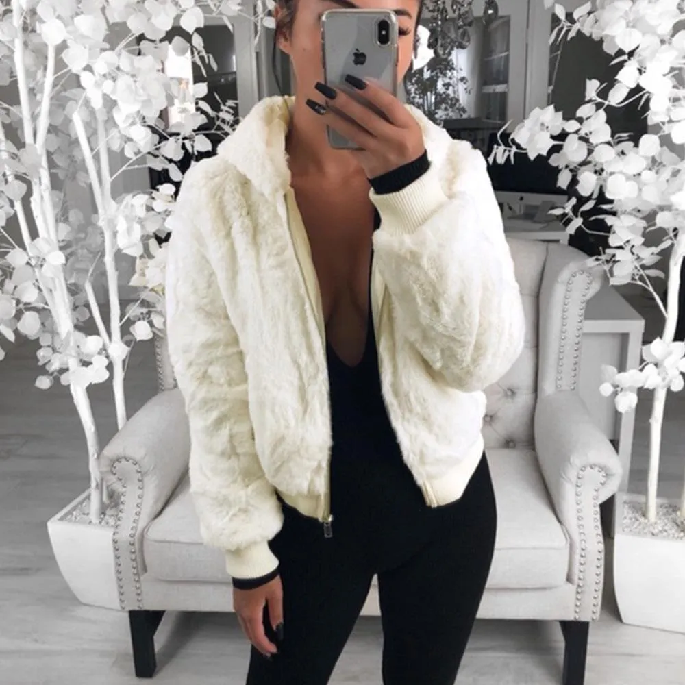 Women Hoodie Solid Faux Fur Coat With Pockets