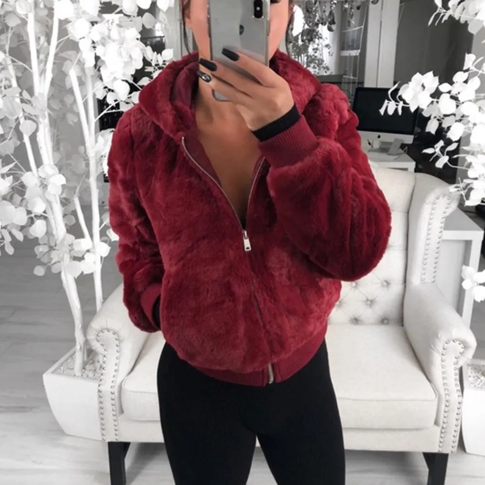 Women Hoodie Solid Faux Fur Coat With Pockets