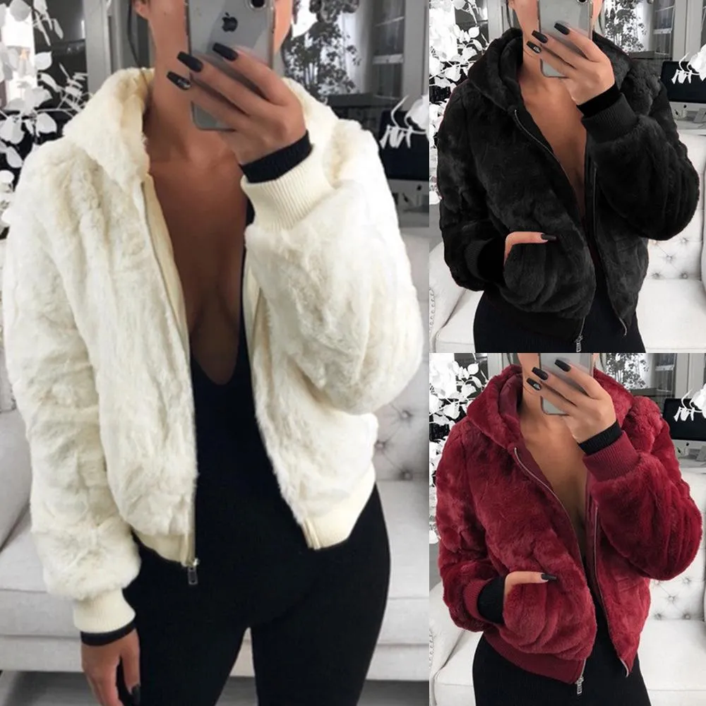 Women Hoodie Solid Faux Fur Coat With Pockets
