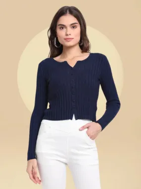 Women Navy Blue Mandarin Collar Solid KNIT Cardigan