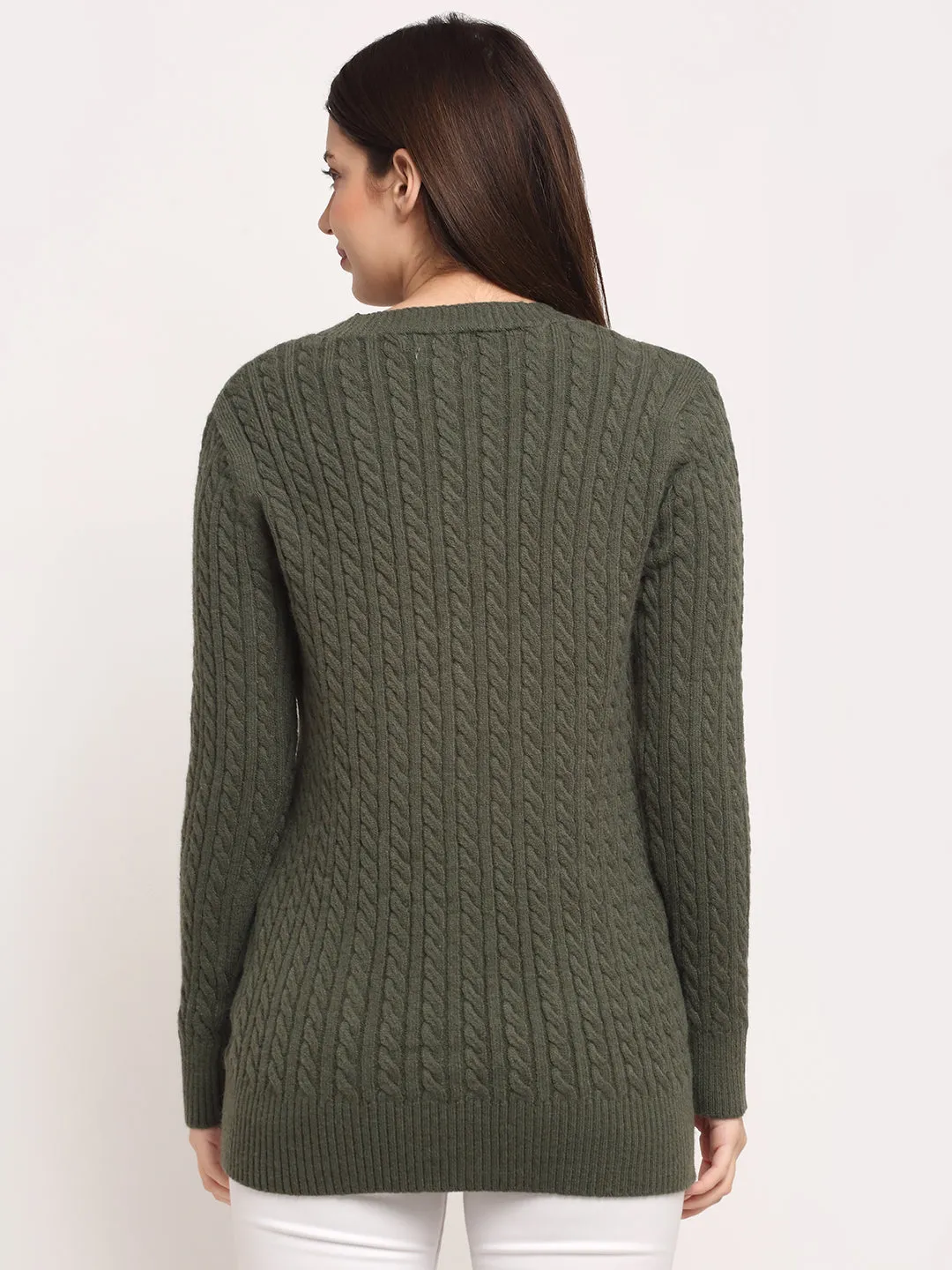 Women Olive Knitted V- Neck Regular Fit Cardigan