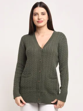 Women Olive Knitted V- Neck Regular Fit Cardigan