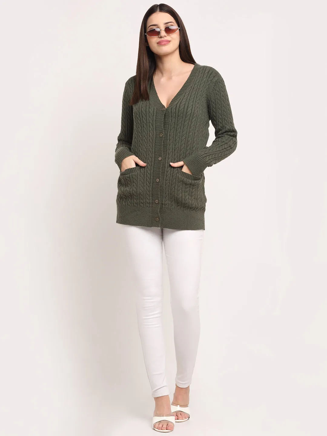 Women Olive Knitted V- Neck Regular Fit Cardigan