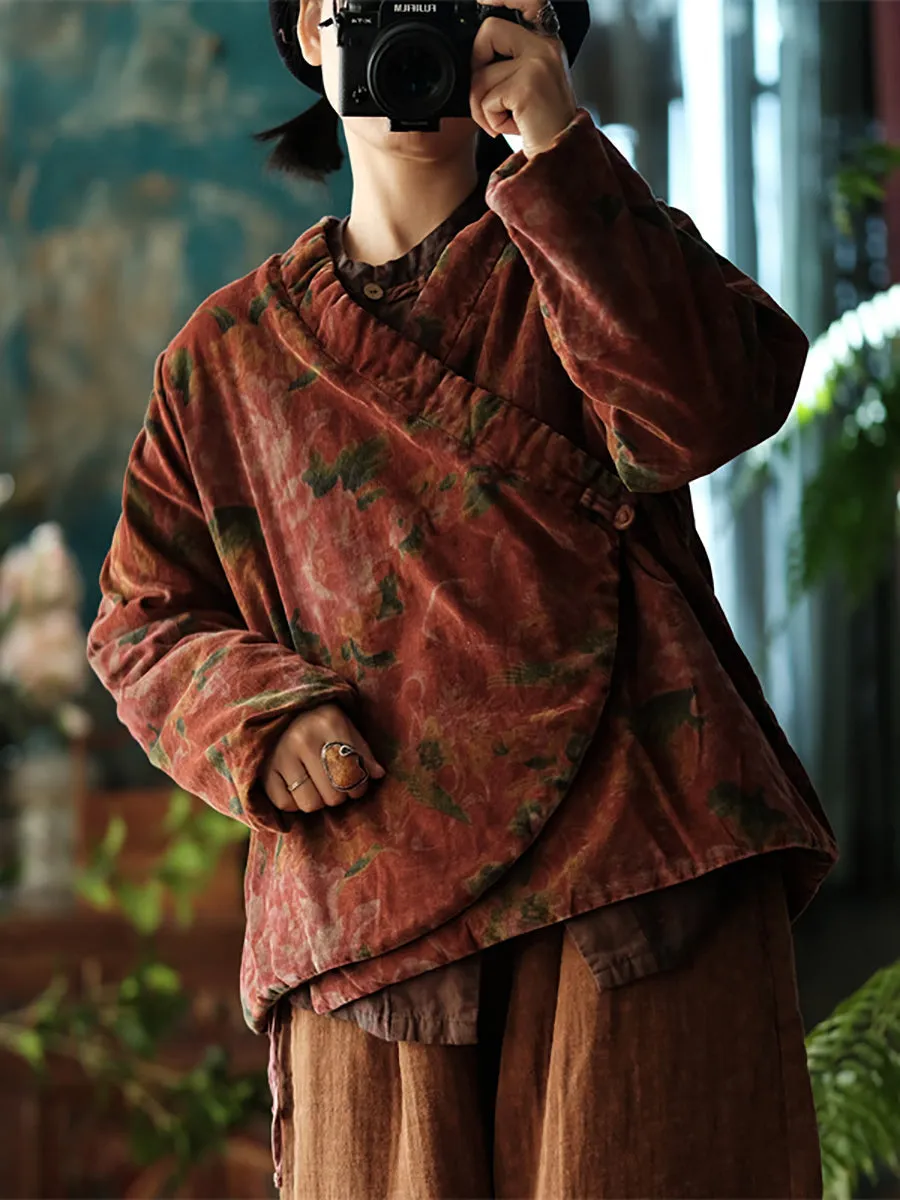 Women Vintage Floral V-Neck Cotton Padded Coat