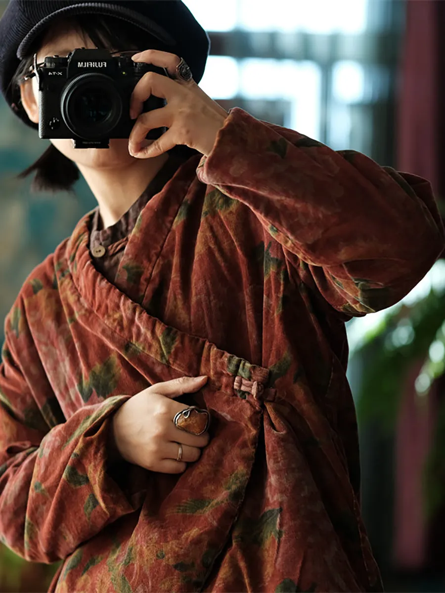 Women Vintage Floral V-Neck Cotton Padded Coat