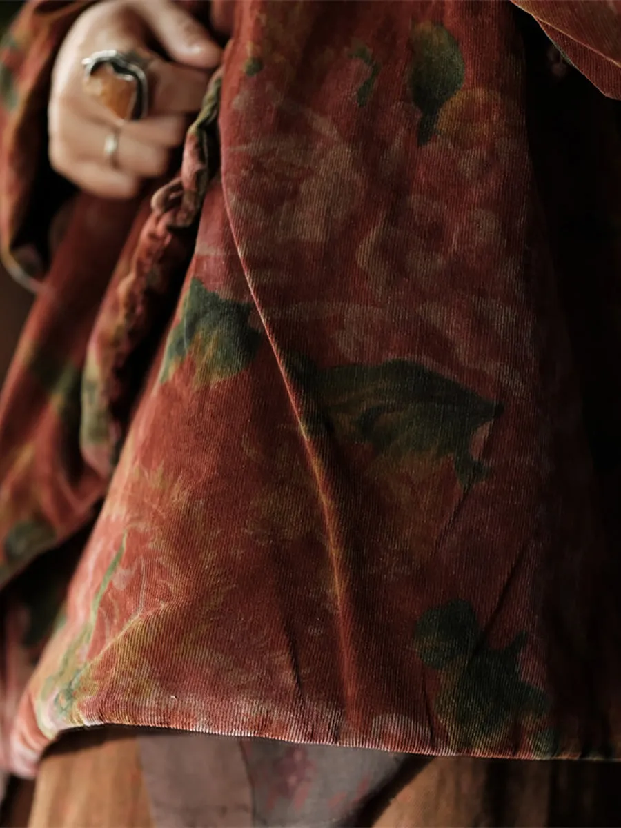Women Vintage Floral V-Neck Cotton Padded Coat