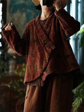 Women Vintage Floral V-Neck Cotton Padded Coat