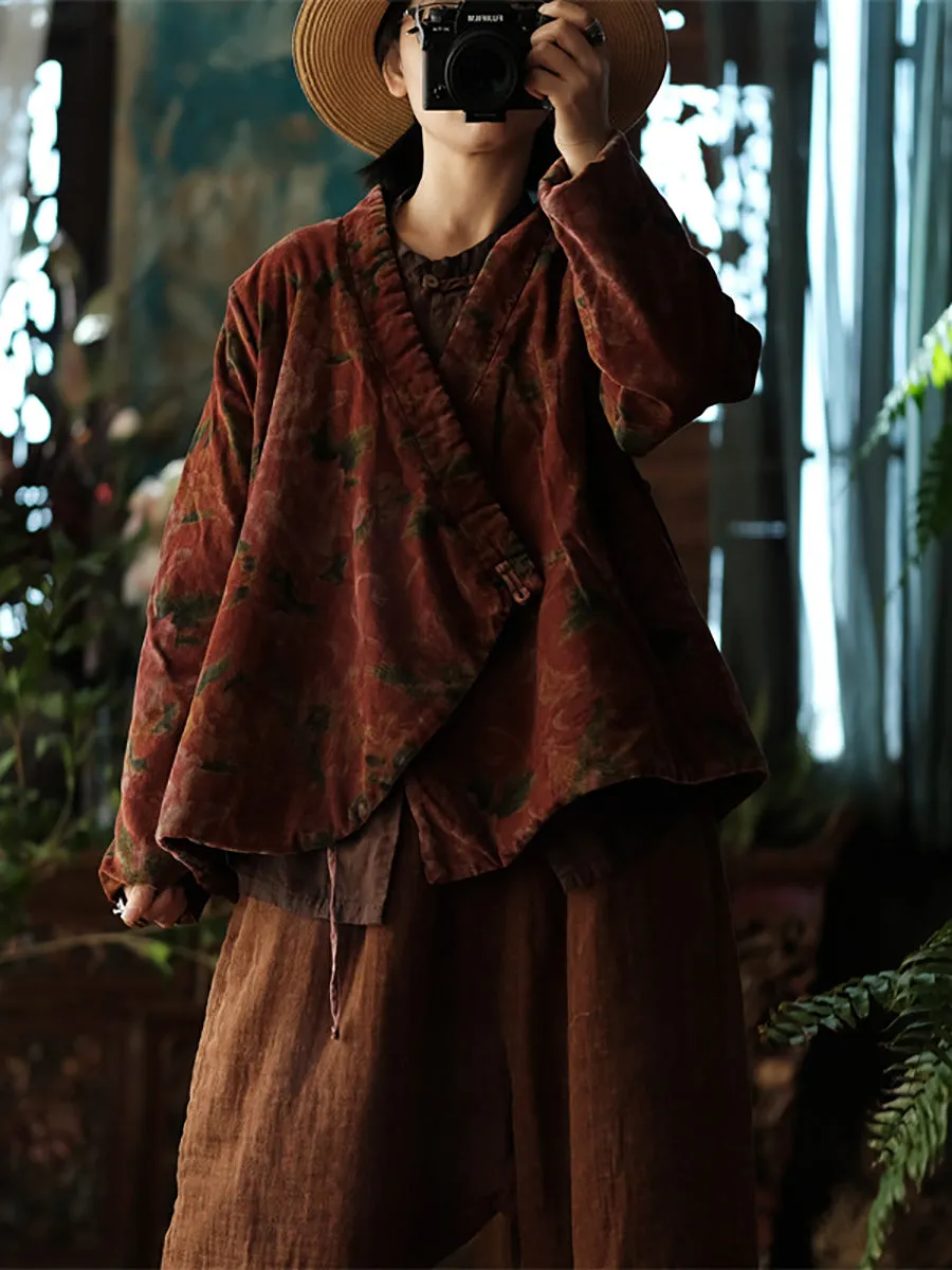 Women Vintage Floral V-Neck Cotton Padded Coat