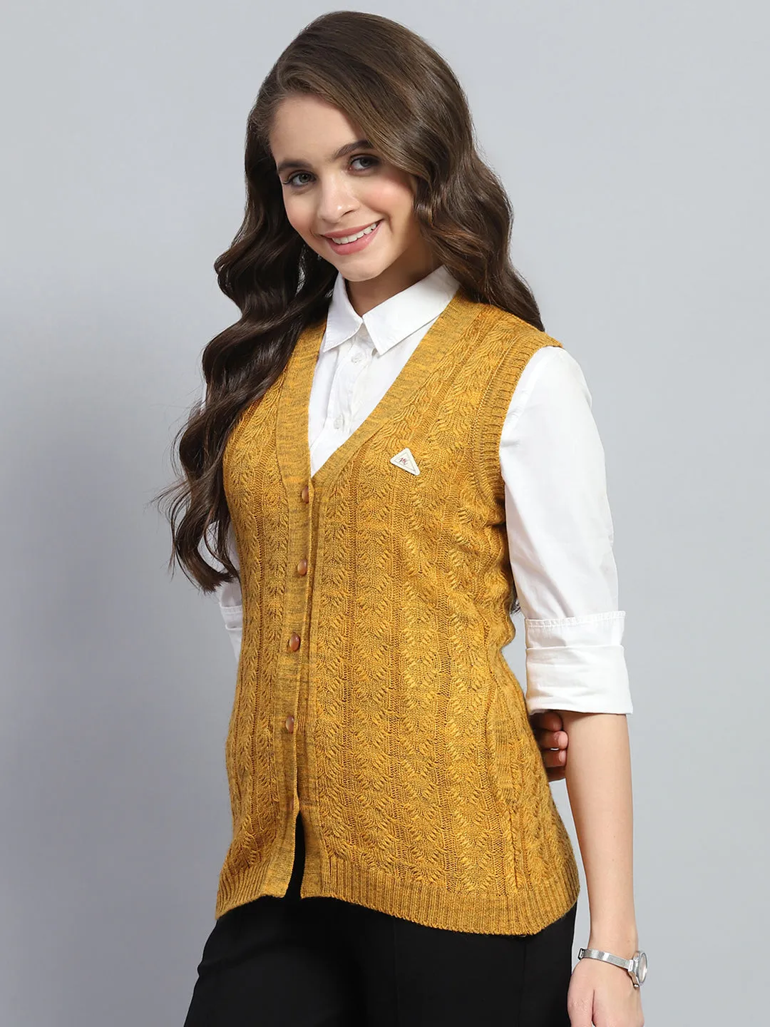 Women Yellow Self Design V Neck Sleeveless Cardigan