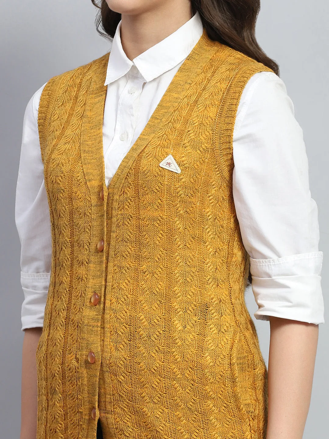 Women Yellow Self Design V Neck Sleeveless Cardigan