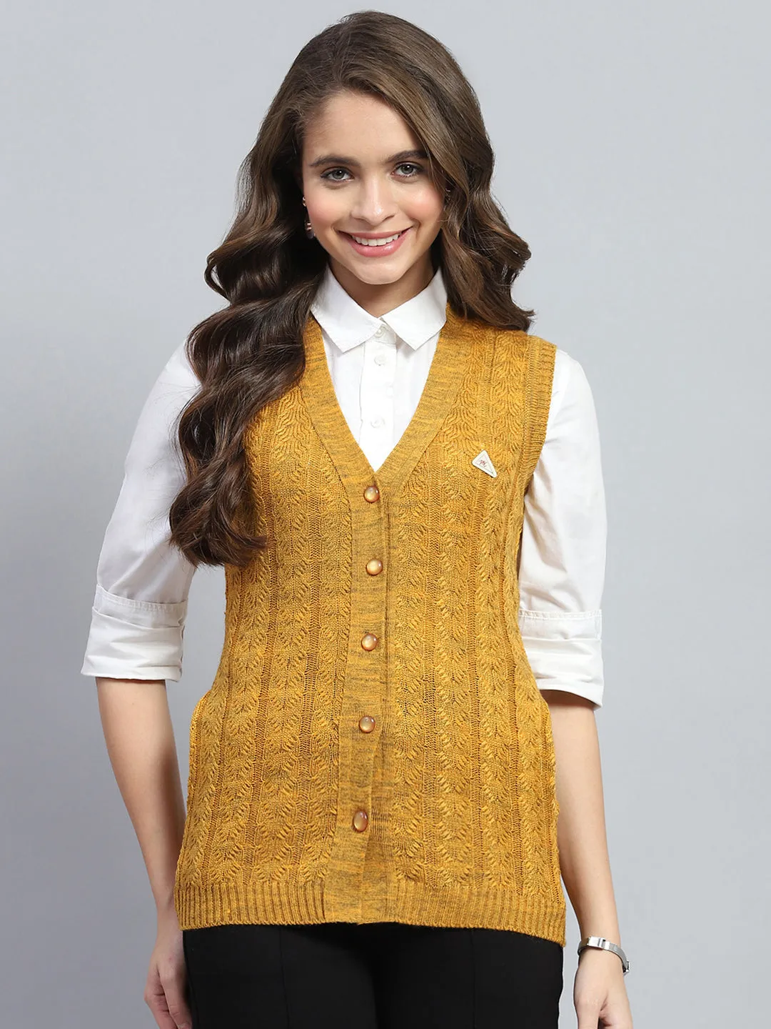 Women Yellow Self Design V Neck Sleeveless Cardigan