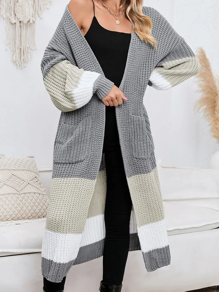 Women's Fall Winter Fashion Color Matching Long Cardigan Warm Outerwear Knitwear