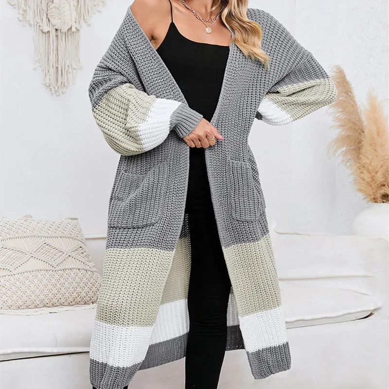 Women's Fall Winter Fashion Color Matching Long Cardigan Warm Outerwear Knitwear