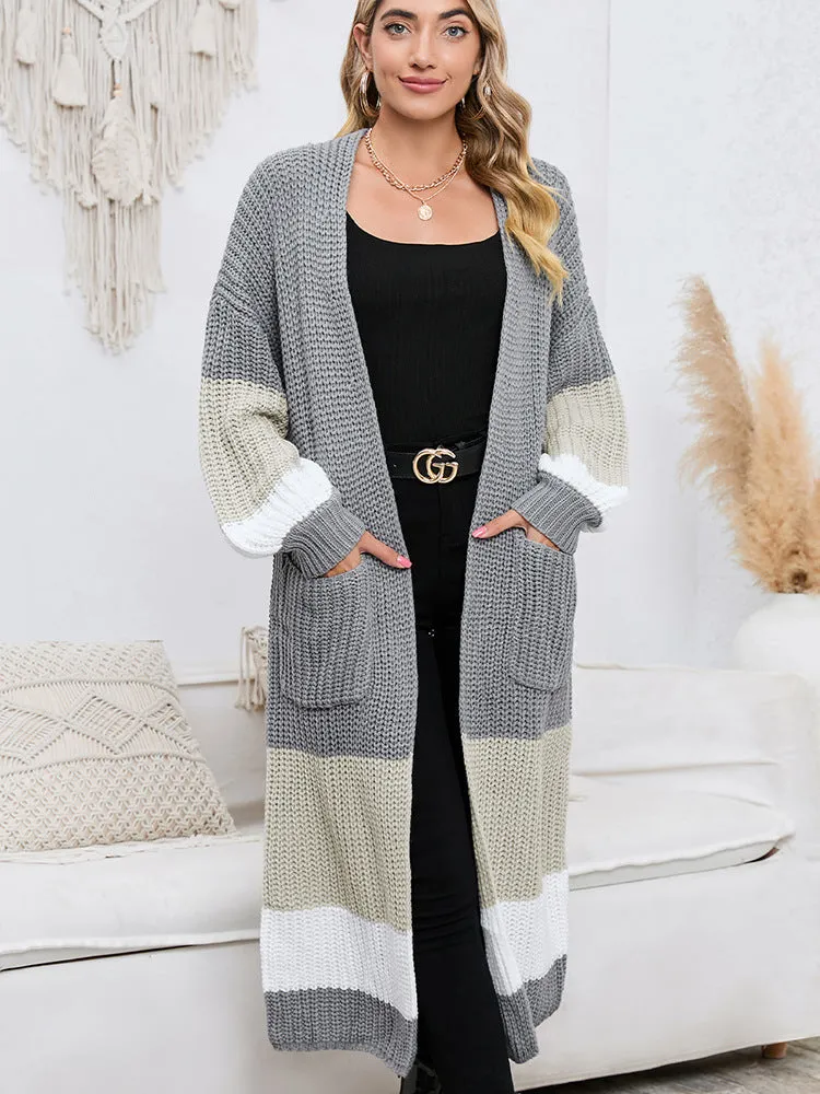 Women's Fall Winter Fashion Color Matching Long Cardigan Warm Outerwear Knitwear