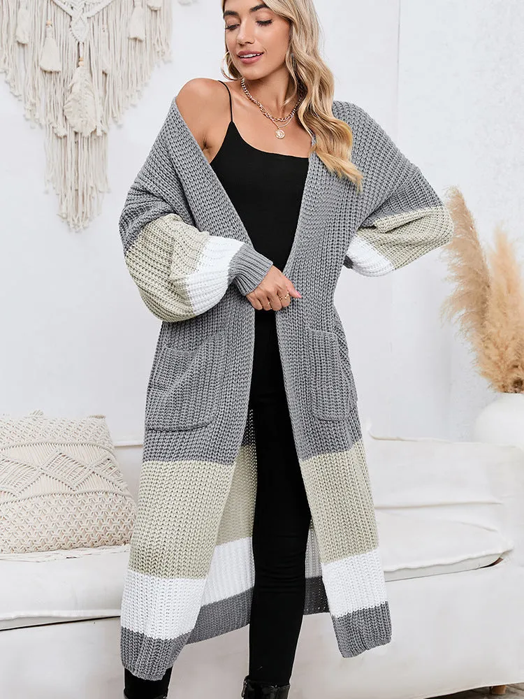 Women's Fall Winter Fashion Color Matching Long Cardigan Warm Outerwear Knitwear