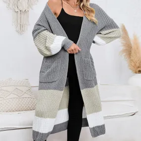 Women's Fall Winter Fashion Color Matching Long Cardigan Warm Outerwear Knitwear