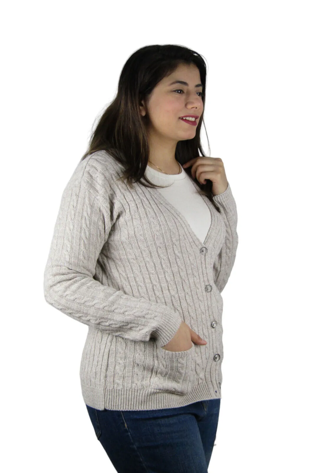 Womens Full Cable Knit Cardigan Button Long Sleeve Jumper Sweater