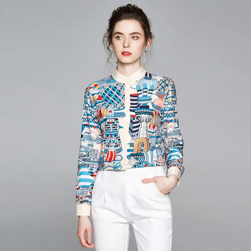 Women's Neck Single Breasted Long Sleeve Printed Shirt