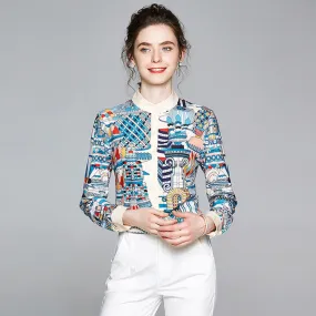 Women's Neck Single Breasted Long Sleeve Printed Shirt