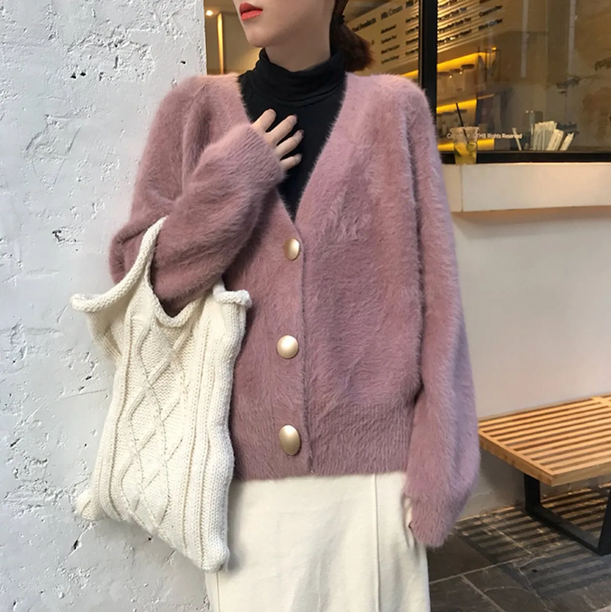 Womens V Neck Fuzzy Cardigan