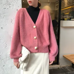 Womens V Neck Fuzzy Cardigan