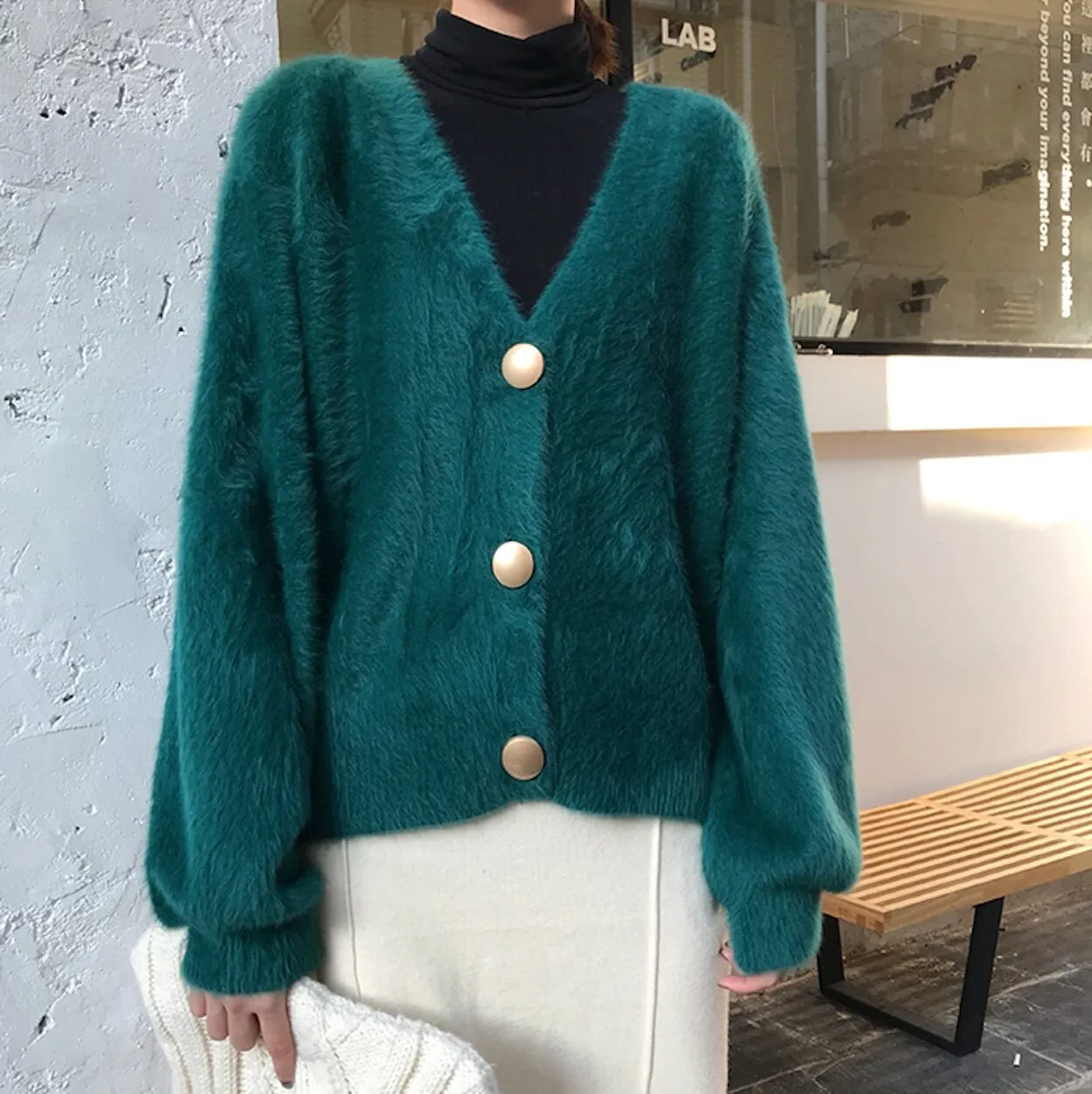 Womens V Neck Fuzzy Cardigan