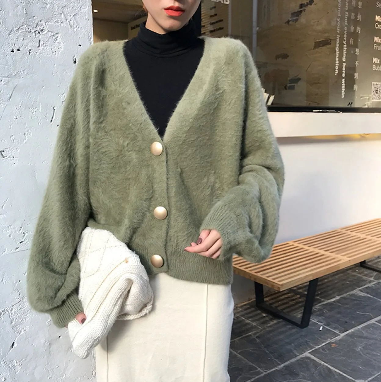 Womens V Neck Fuzzy Cardigan